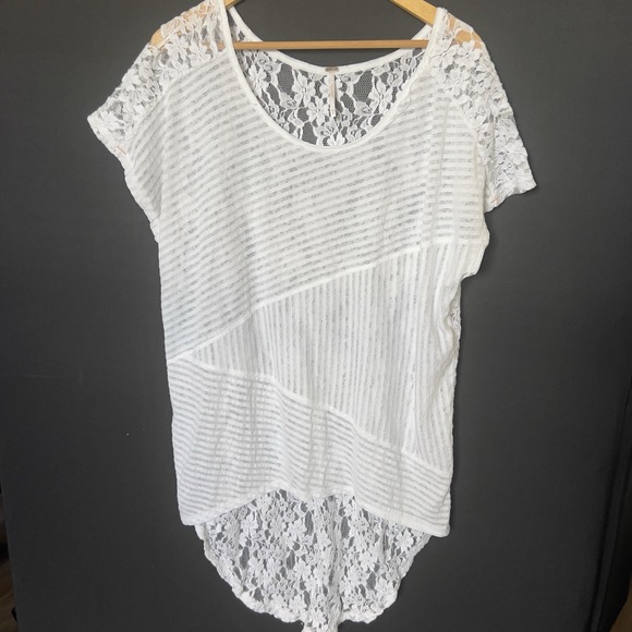 Free‎ People white lace tunic top size M hi low striped short sleeve - Picture 1 of 11